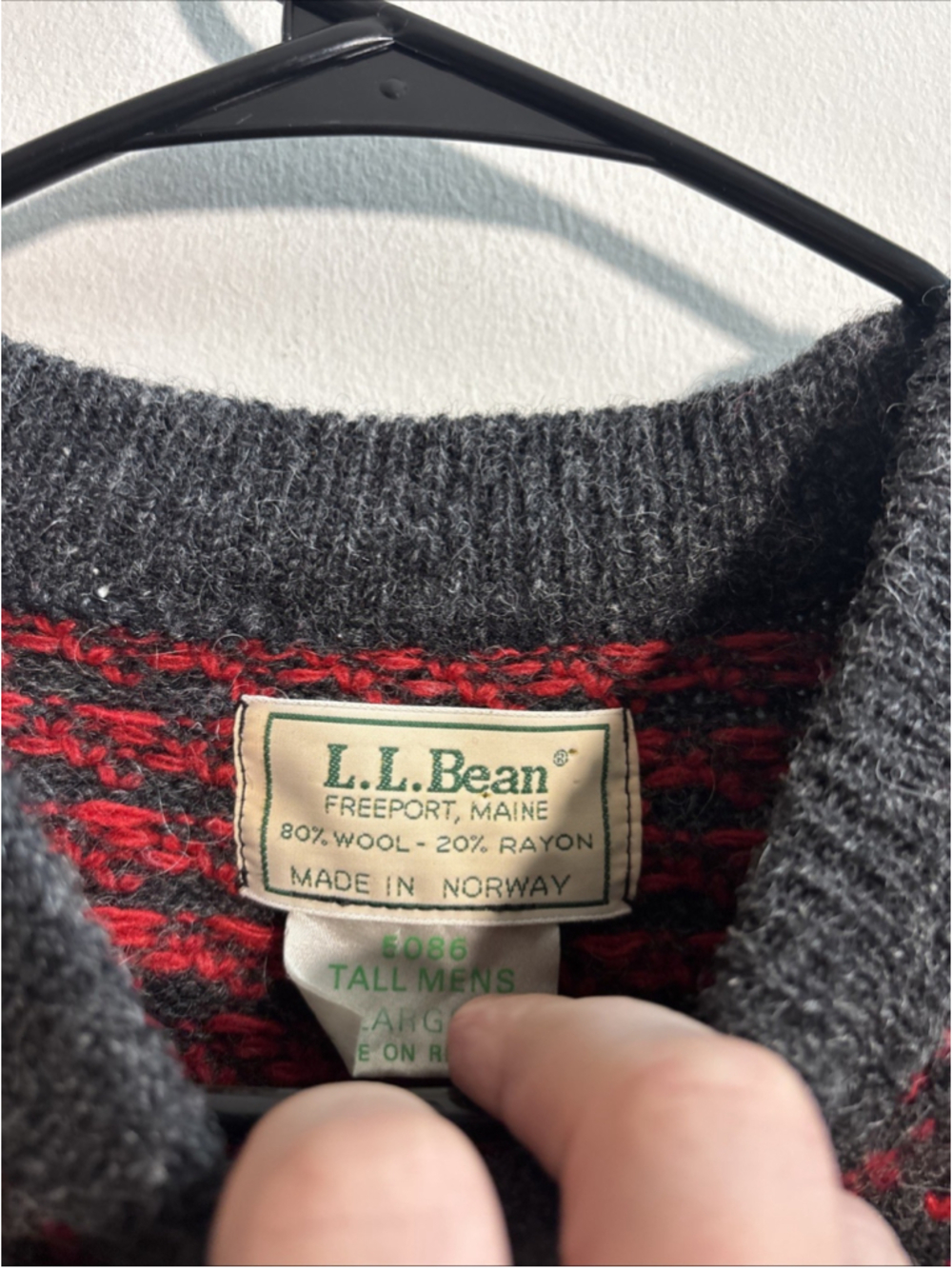 VTG LL Bean Birdseye Norwegian Sweater Men’s Large Tall Wool Made In Norway Red - Picture 3 of 8